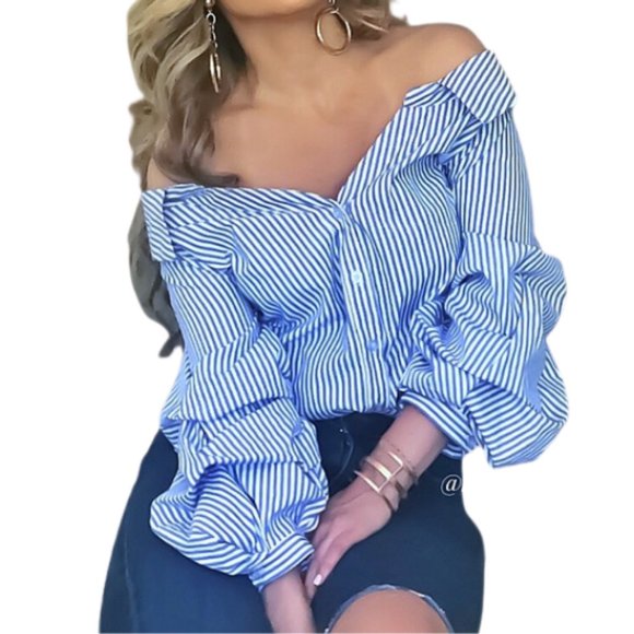 Striped, Off Shoulder Button Up Shirt - Picture 3 of 10